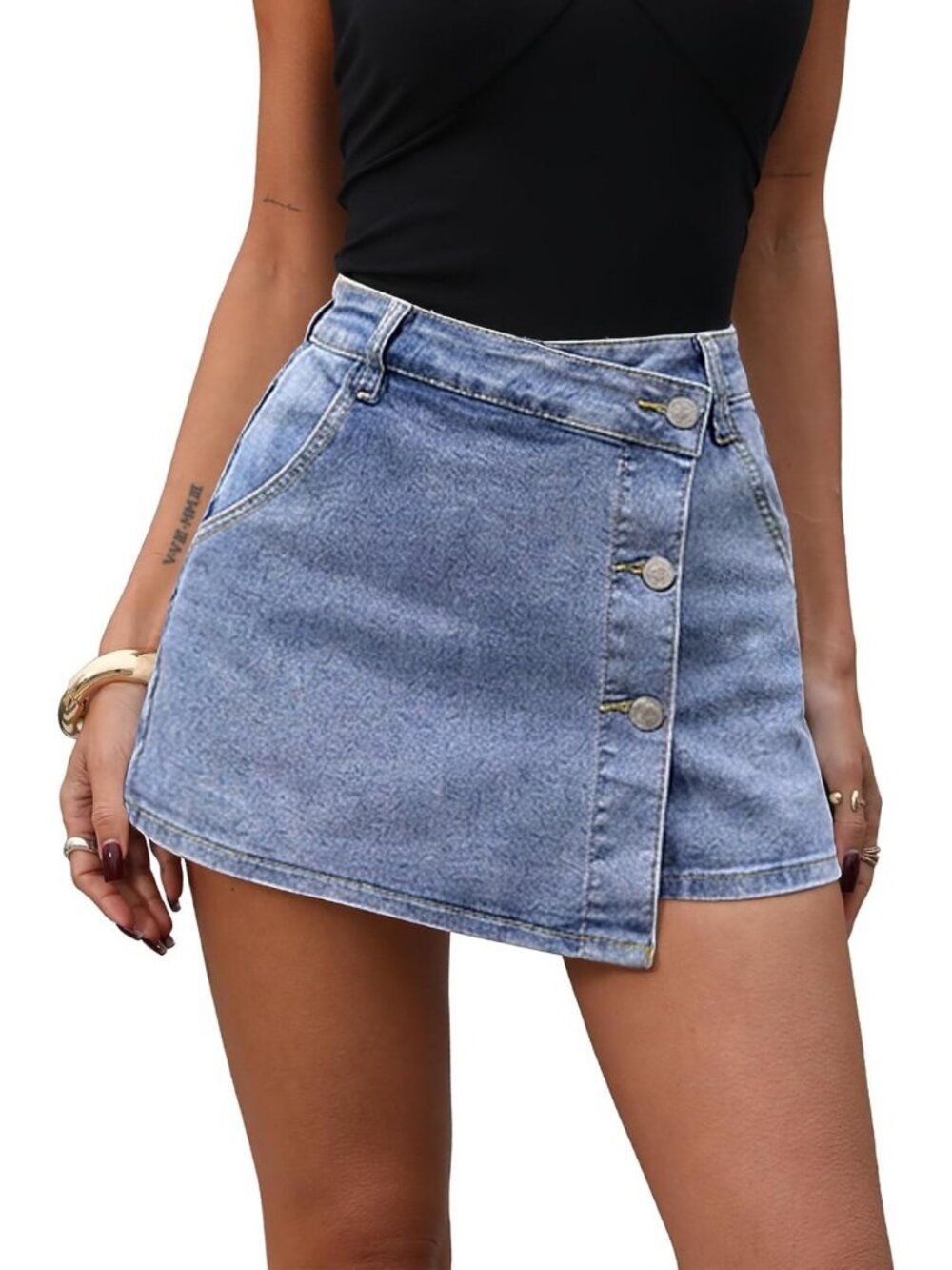 Denim Wrap Mini Skorts with Button Front - Stylish Casual Summer Fashion